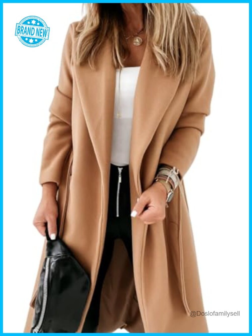 Womens Classic Wool Pea Coat Belted Long Jacket Open Front Lapel Tie
